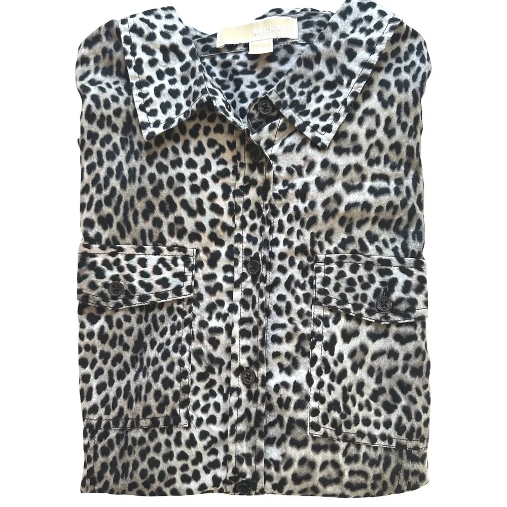 Michael Kors Leopard Print Button Shirt L Tailored Safari Blouse Animal Print - Picture 7 of 7